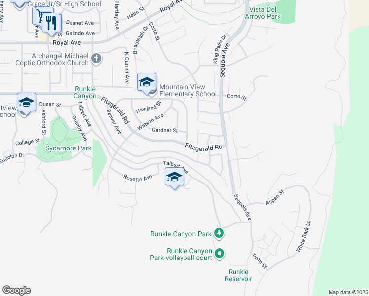 map of restaurants, bars, coffee shops, grocery stores, and more near 3090 Fitzgerald Road in Simi Valley