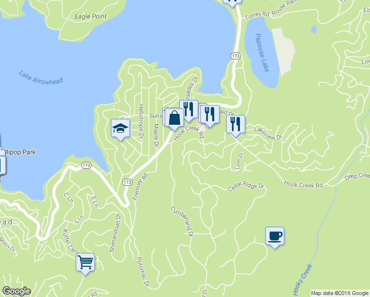 map of restaurants, bars, coffee shops, grocery stores, and more near Ponderosa Drive in Lake Arrowhead