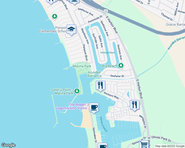 map of restaurants, bars, coffee shops, grocery stores, and more near 3097 Bayshore Avenue in Ventura