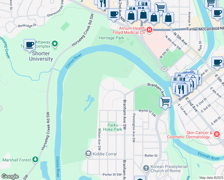 map of restaurants, bars, coffee shops, grocery stores, and more near 3 Club View Drive Southeast in Rome
