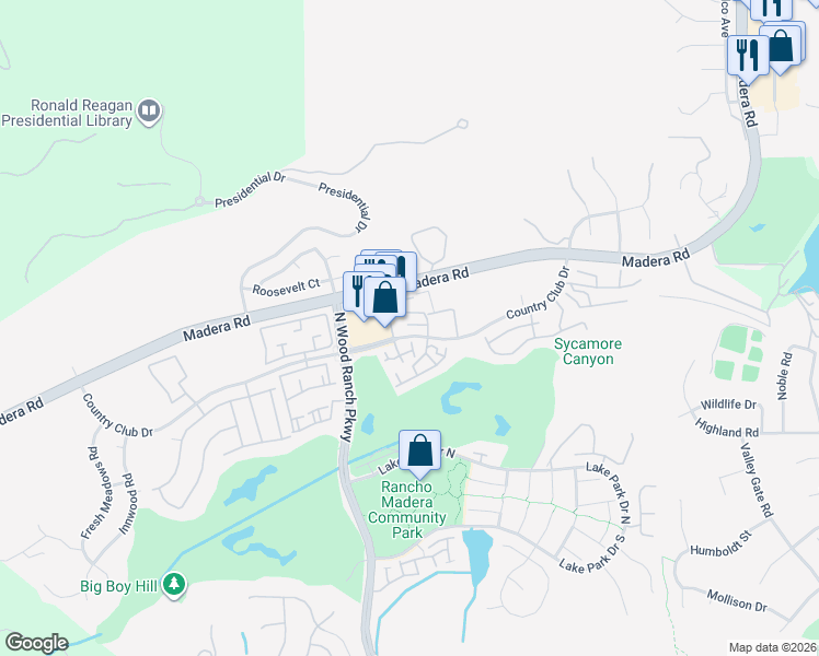 map of restaurants, bars, coffee shops, grocery stores, and more near 453 Country Club Drive in Simi Valley