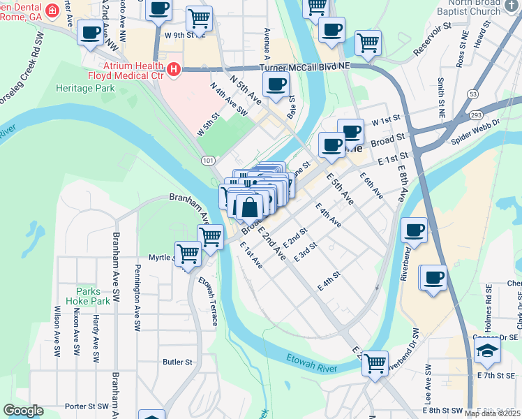map of restaurants, bars, coffee shops, grocery stores, and more near 131 West 1st Street in Rome