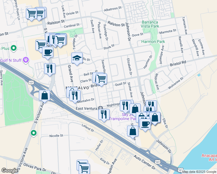 map of restaurants, bars, coffee shops, grocery stores, and more near 2286 Sanderling Street in Ventura