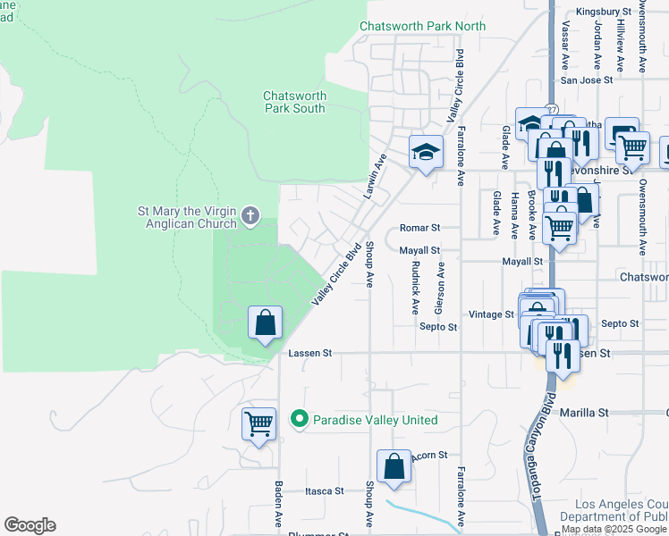 map of restaurants, bars, coffee shops, grocery stores, and more near 10060 Larwin Avenue in Los Angeles