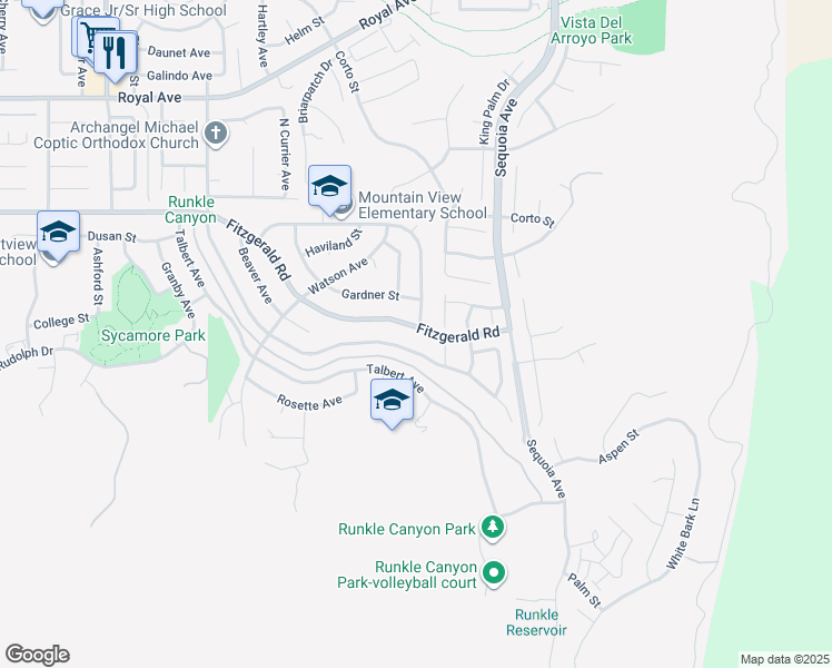 map of restaurants, bars, coffee shops, grocery stores, and more near 3090 Fitzgerald Road in Simi Valley