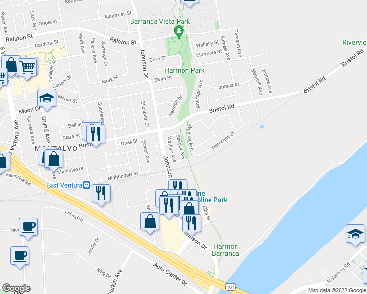 map of restaurants, bars, coffee shops, grocery stores, and more near in Ventura