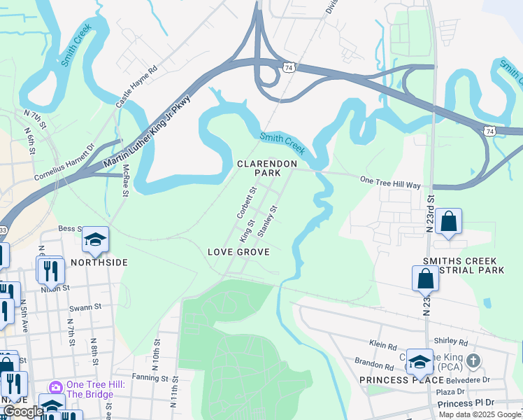 map of restaurants, bars, coffee shops, grocery stores, and more near 1500 King Street in Wilmington