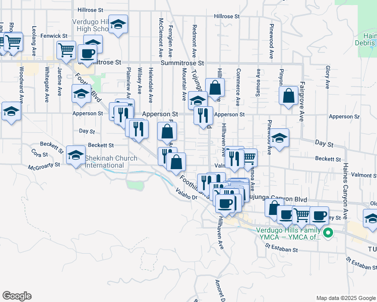 map of restaurants, bars, coffee shops, grocery stores, and more near 10134 Mountair Avenue in Los Angeles