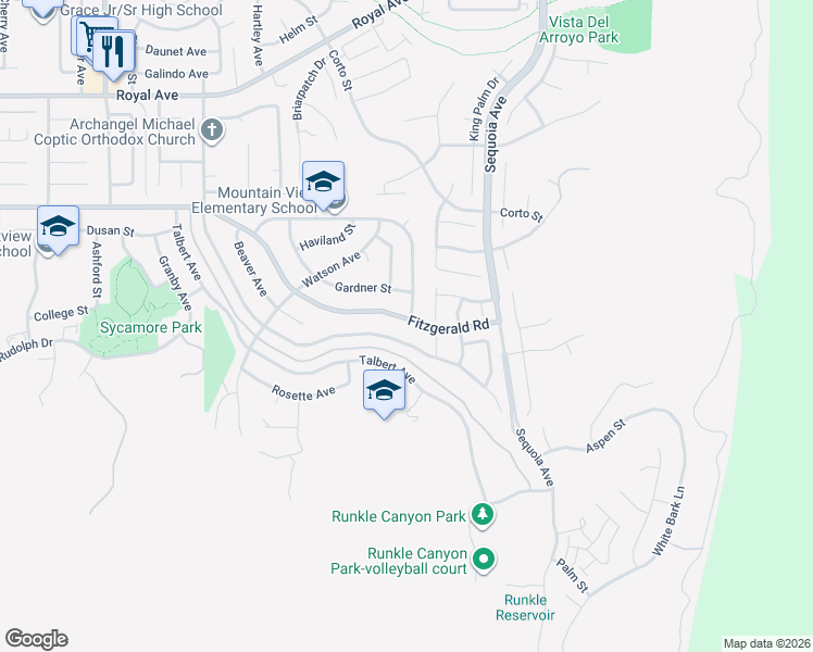 map of restaurants, bars, coffee shops, grocery stores, and more near 3090 Fitzgerald Road in Simi Valley
