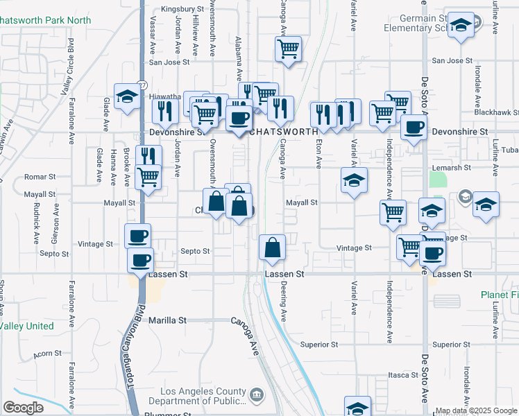 map of restaurants, bars, coffee shops, grocery stores, and more near 10046 Old Depot Plaza Road in Los Angeles