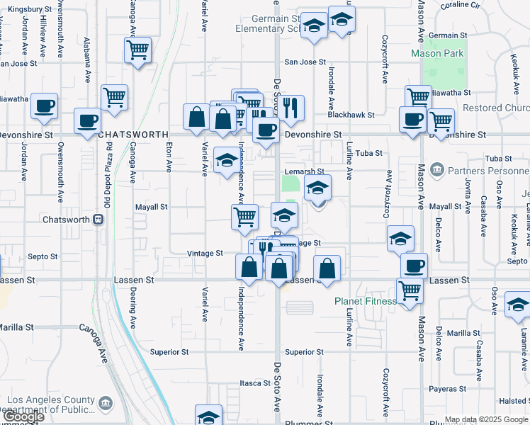map of restaurants, bars, coffee shops, grocery stores, and more near 10125 De Soto Avenue in Los Angeles