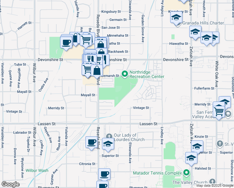 map of restaurants, bars, coffee shops, grocery stores, and more near 10120 Reseda Boulevard in Los Angeles