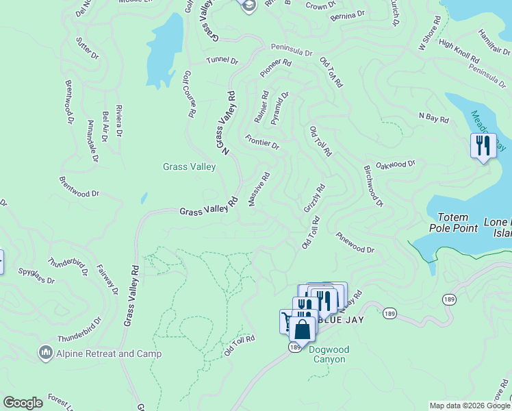 map of restaurants, bars, coffee shops, grocery stores, and more near 238 Massive Road in Lake Arrowhead