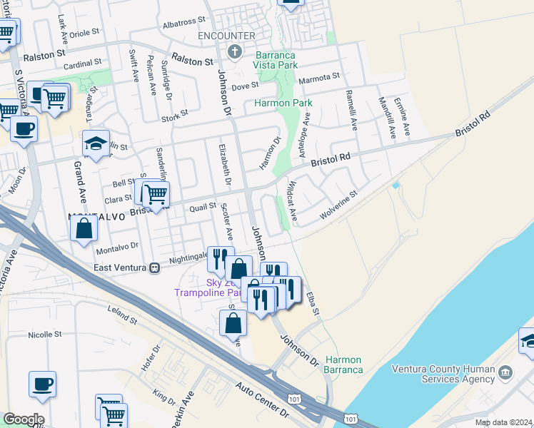 map of restaurants, bars, coffee shops, grocery stores, and more near 2448 Warbler Avenue in Ventura