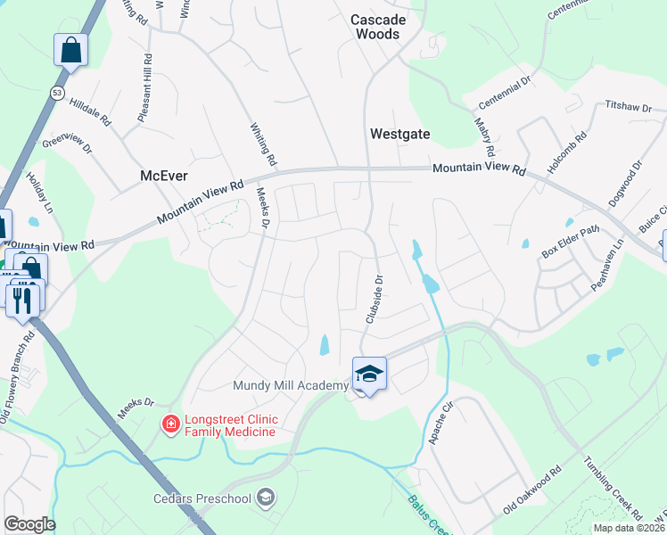 map of restaurants, bars, coffee shops, grocery stores, and more near 4513 Sweet Water Drive in Gainesville