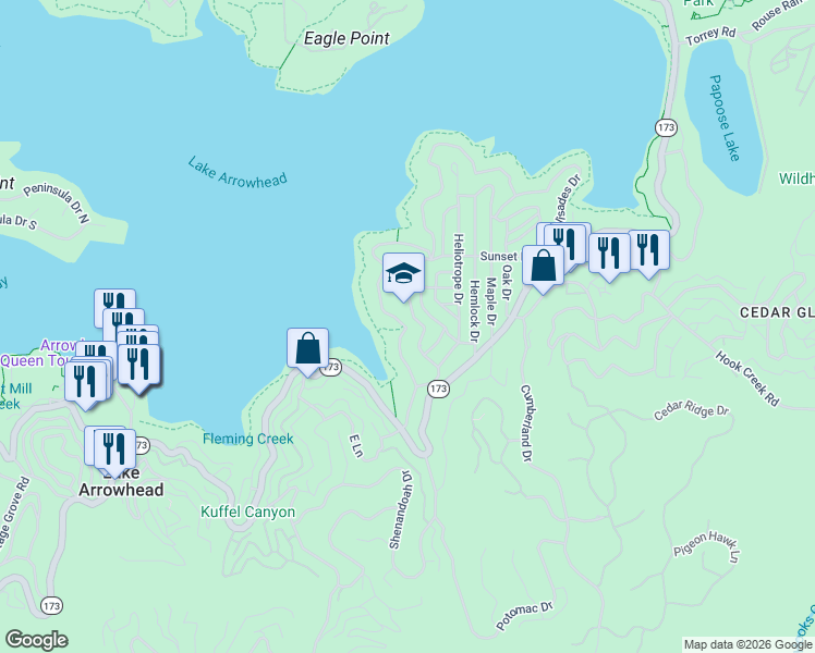 map of restaurants, bars, coffee shops, grocery stores, and more near 193 John Muir Road in Lake Arrowhead