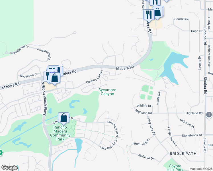 map of restaurants, bars, coffee shops, grocery stores, and more near 234 Country Club Drive in Simi Valley
