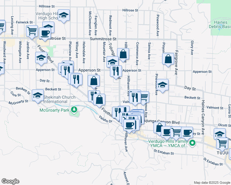 map of restaurants, bars, coffee shops, grocery stores, and more near 10249 Tujunga Canyon Boulevard in Los Angeles