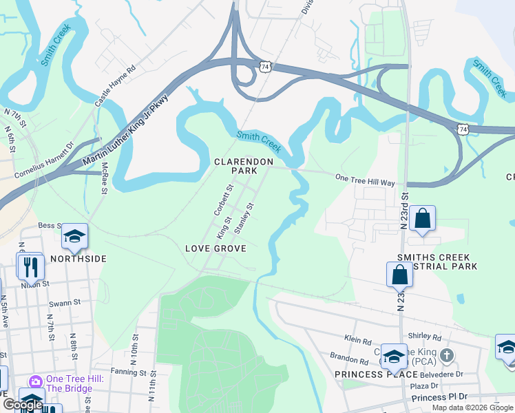 map of restaurants, bars, coffee shops, grocery stores, and more near 1500 Stanley Street in Wilmington