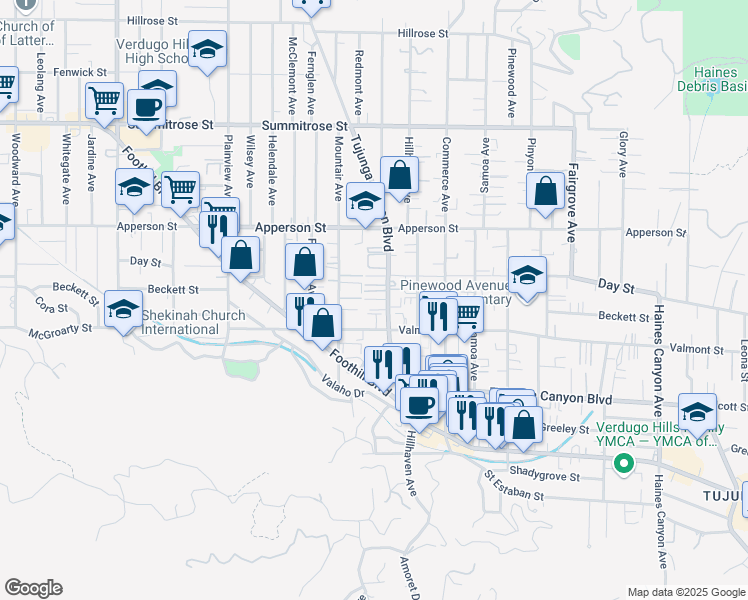map of restaurants, bars, coffee shops, grocery stores, and more near 10259 Tujunga Canyon Boulevard in Los Angeles