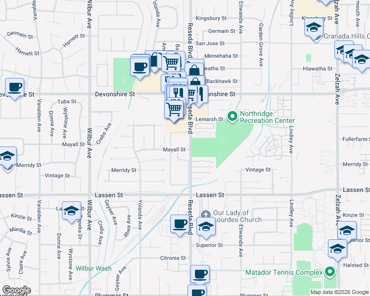 map of restaurants, bars, coffee shops, grocery stores, and more near 10120 Reseda Boulevard in Los Angeles