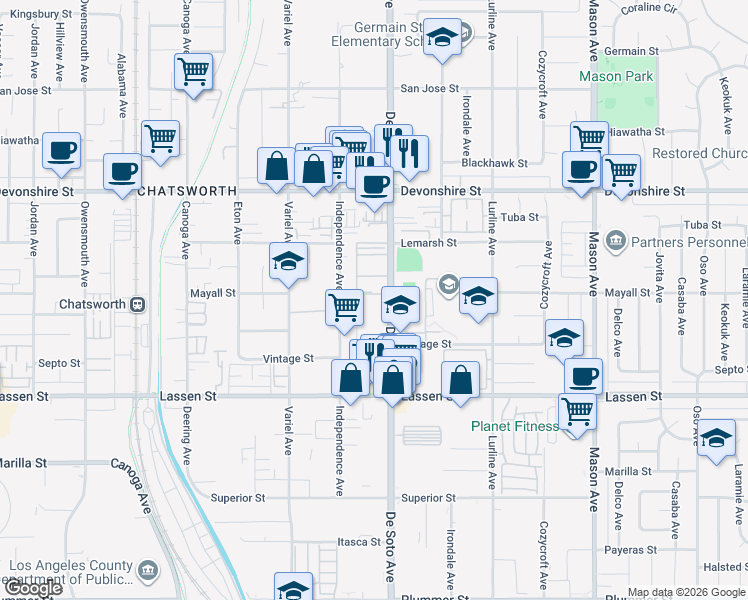 map of restaurants, bars, coffee shops, grocery stores, and more near 10125 De Soto Avenue in Los Angeles