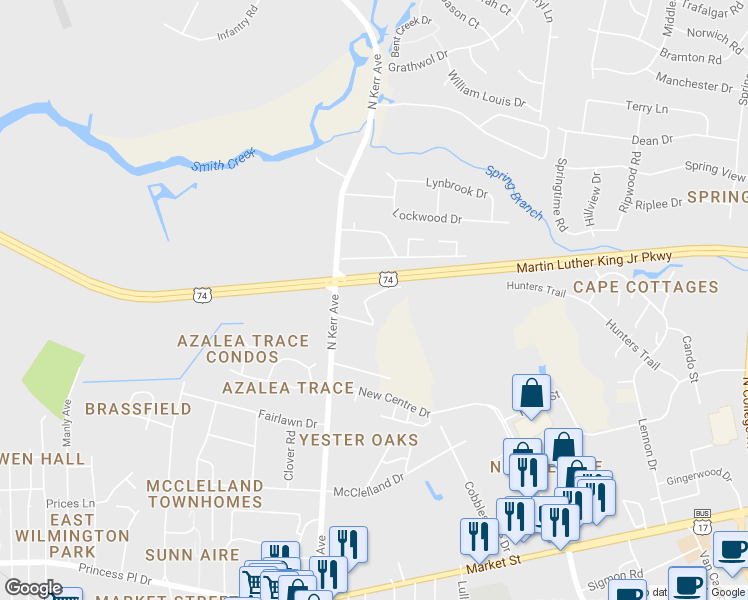 map of restaurants, bars, coffee shops, grocery stores, and more near 4523 Sagedale Drive in Wilmington