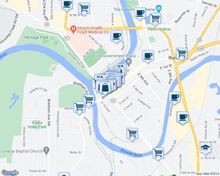 map of restaurants, bars, coffee shops, grocery stores, and more near 131 West 1st Street in Rome