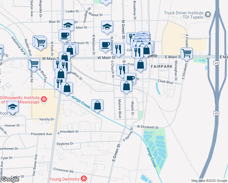 map of restaurants, bars, coffee shops, grocery stores, and more near 602 South Church Street in Tupelo