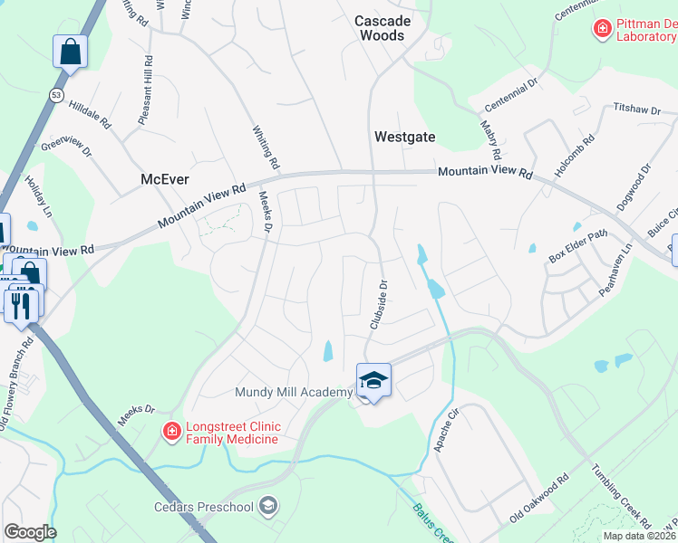 map of restaurants, bars, coffee shops, grocery stores, and more near 4443 Big Rock Ridge Trail in Gainesville