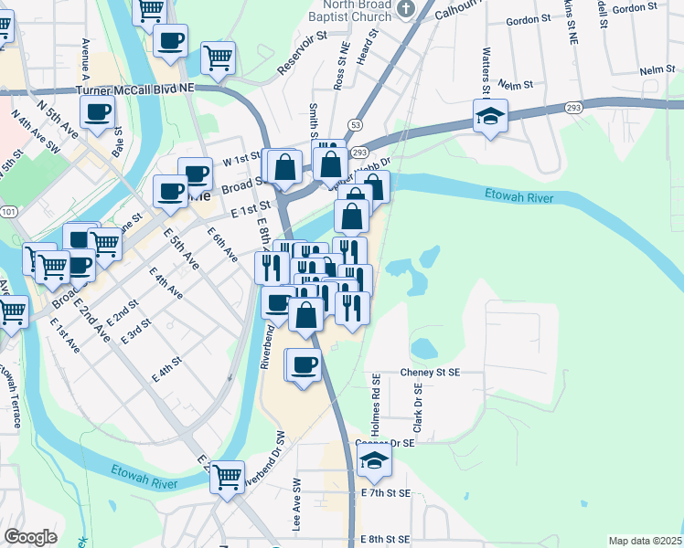 map of restaurants, bars, coffee shops, grocery stores, and more near Hicks Drive Southeast in Rome