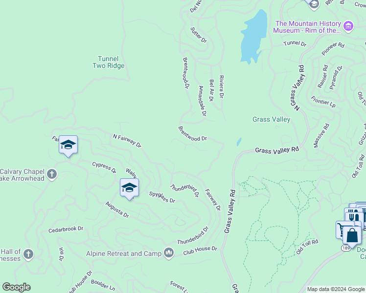 map of restaurants, bars, coffee shops, grocery stores, and more near 196 Hillcrest Court in Lake Arrowhead