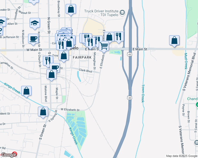 map of restaurants, bars, coffee shops, grocery stores, and more near East Elizabeth Street in Tupelo