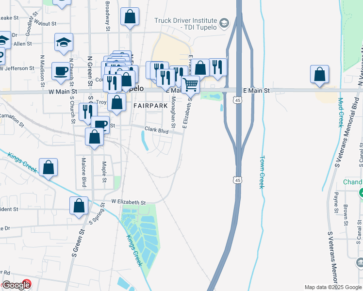map of restaurants, bars, coffee shops, grocery stores, and more near East Elizabeth Street in Tupelo