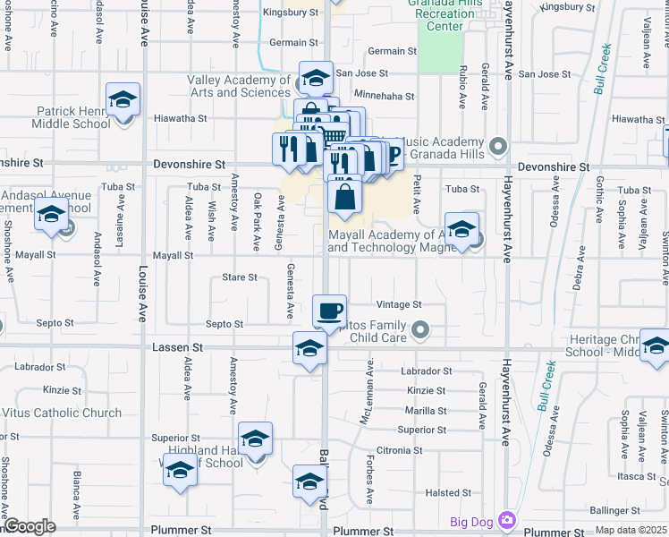 map of restaurants, bars, coffee shops, grocery stores, and more near 10050 Balboa Boulevard in Los Angeles
