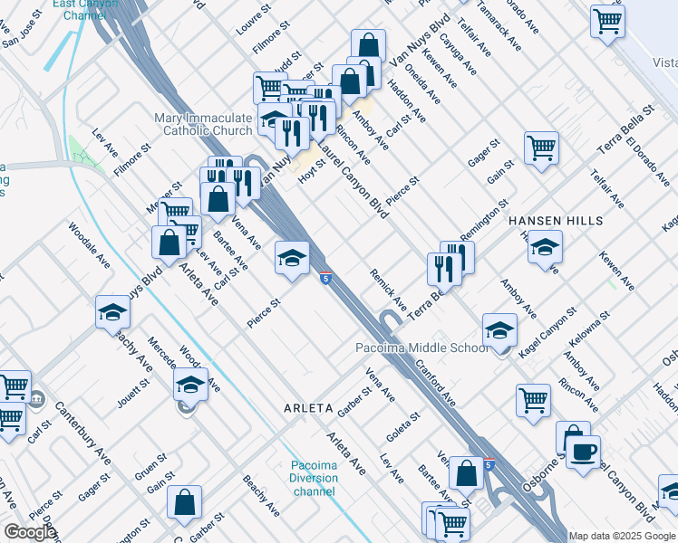 map of restaurants, bars, coffee shops, grocery stores, and more near 13718 Pierce Street in Los Angeles