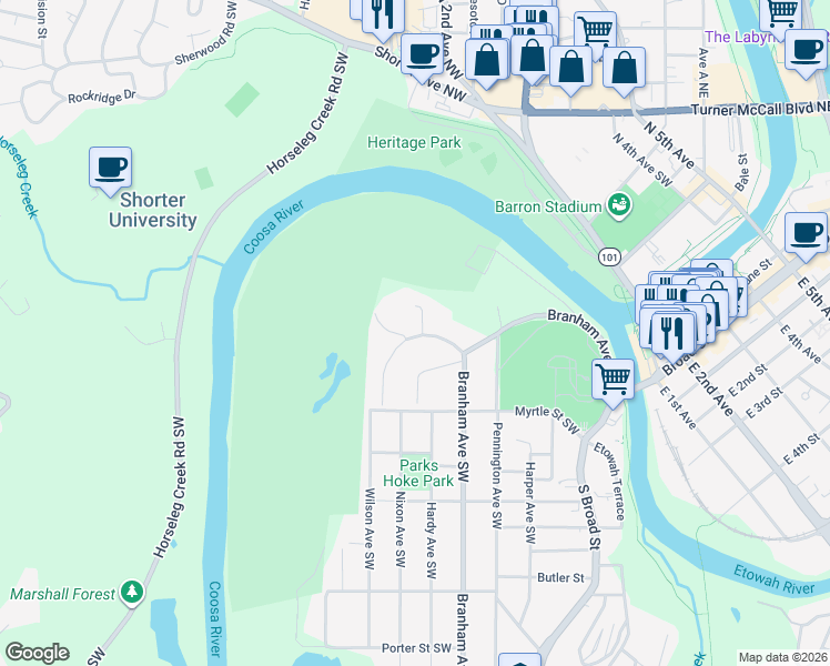 map of restaurants, bars, coffee shops, grocery stores, and more near 18 Club View Drive Southeast in Rome