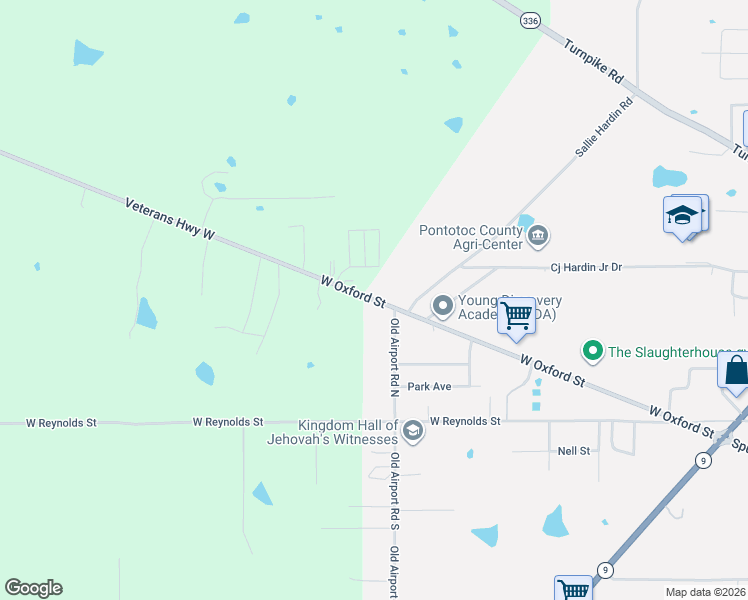 map of restaurants, bars, coffee shops, grocery stores, and more near 343 Jolan Circle in Pontotoc