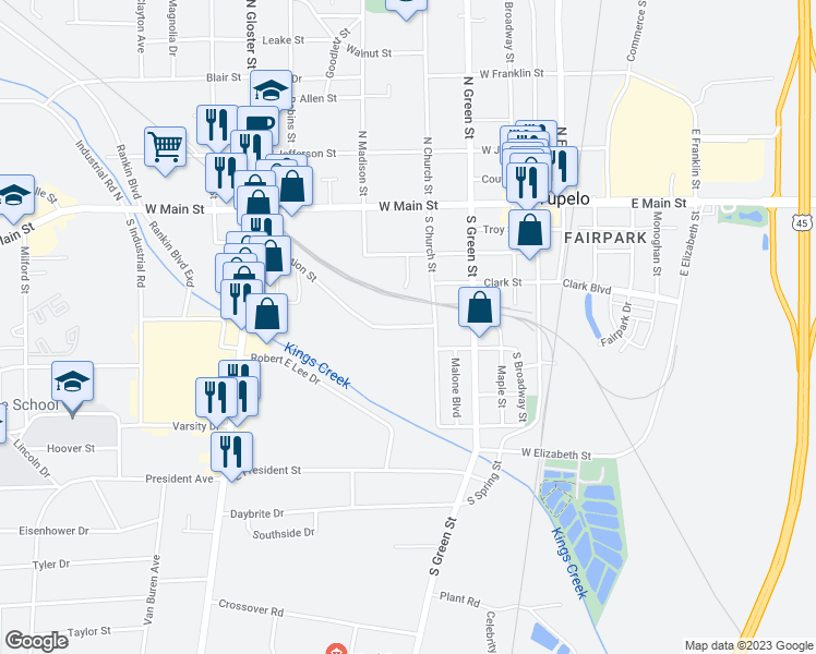 map of restaurants, bars, coffee shops, grocery stores, and more near 520 Carnation Street in Tupelo