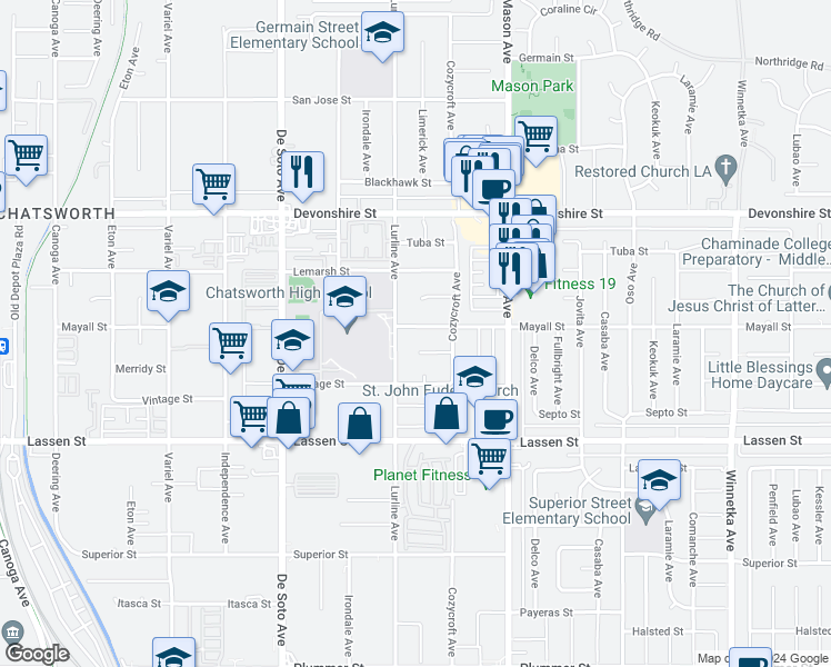 map of restaurants, bars, coffee shops, grocery stores, and more near 20640 Mayall Street in Los Angeles