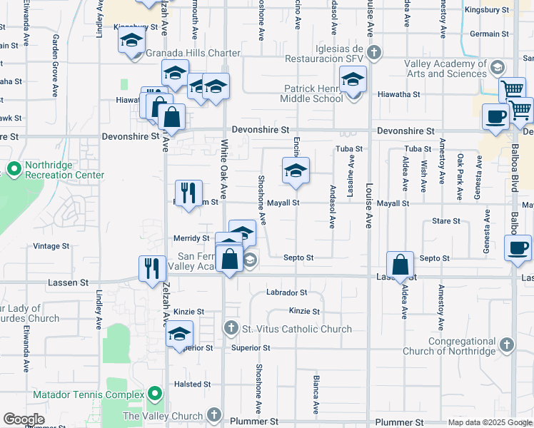 map of restaurants, bars, coffee shops, grocery stores, and more near 17613 Mayall Street in Los Angeles