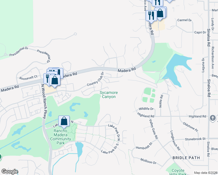 map of restaurants, bars, coffee shops, grocery stores, and more near 234 Country Club Drive in Simi Valley