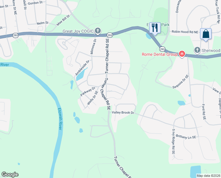 map of restaurants, bars, coffee shops, grocery stores, and more near 207 Turner Chapel Road Southeast in Rome