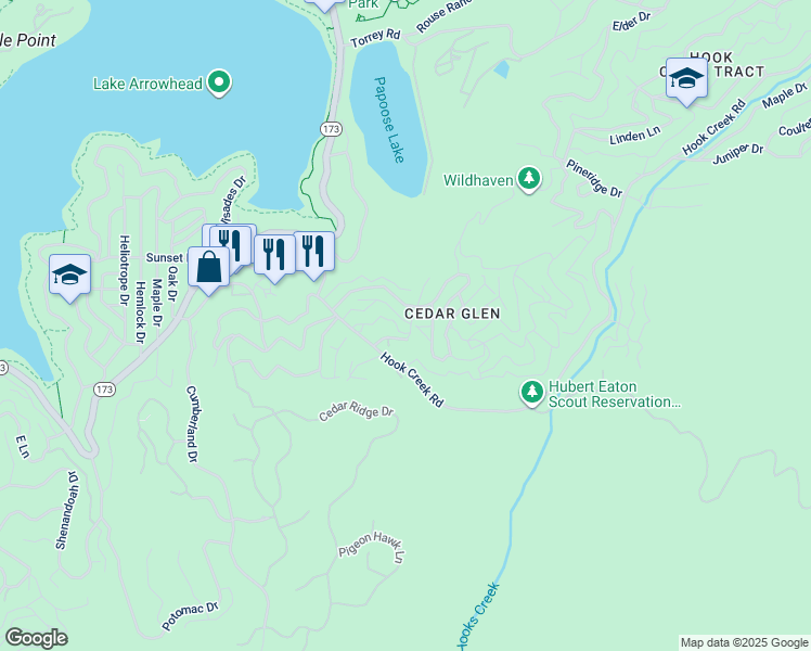 map of restaurants, bars, coffee shops, grocery stores, and more near 29259 Lake Brook Avenue in Lake Arrowhead
