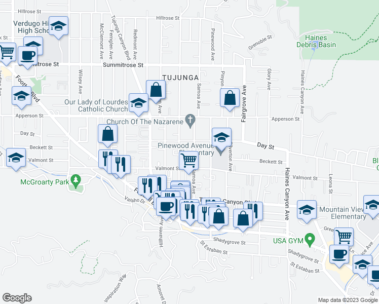 map of restaurants, bars, coffee shops, grocery stores, and more near 10141 Samoa Avenue in Los Angeles
