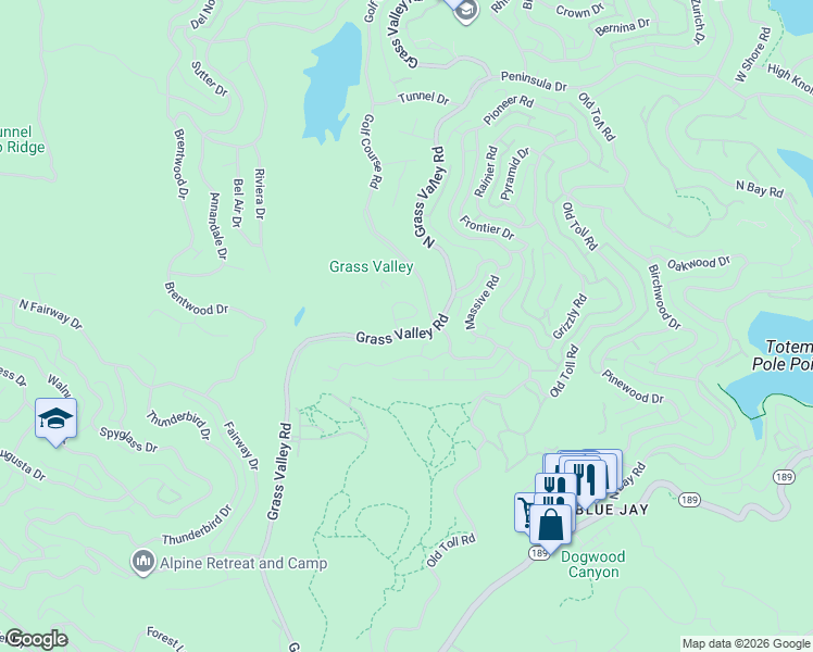map of restaurants, bars, coffee shops, grocery stores, and more near 180 Grass Valley Road in Lake Arrowhead