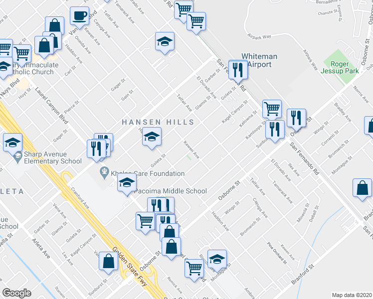 map of restaurants, bars, coffee shops, grocery stores, and more near 13107 Kagel Canyon Street in Los Angeles