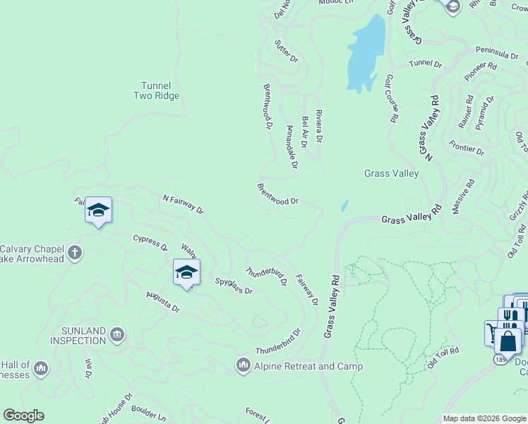 map of restaurants, bars, coffee shops, grocery stores, and more near 196 Hillcrest Court in Lake Arrowhead