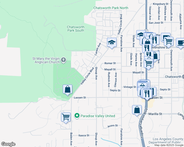 map of restaurants, bars, coffee shops, grocery stores, and more near 10062 Valley Circle Boulevard in Los Angeles