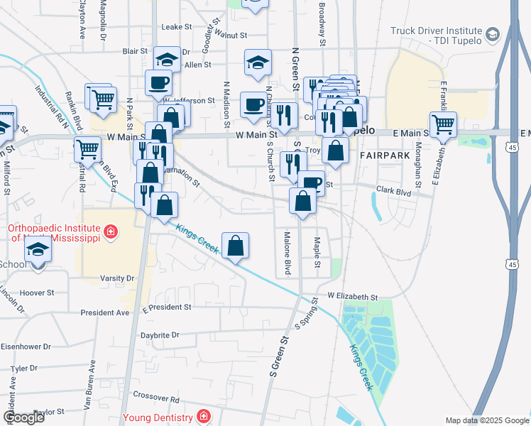map of restaurants, bars, coffee shops, grocery stores, and more near 520 Carnation Street in Tupelo